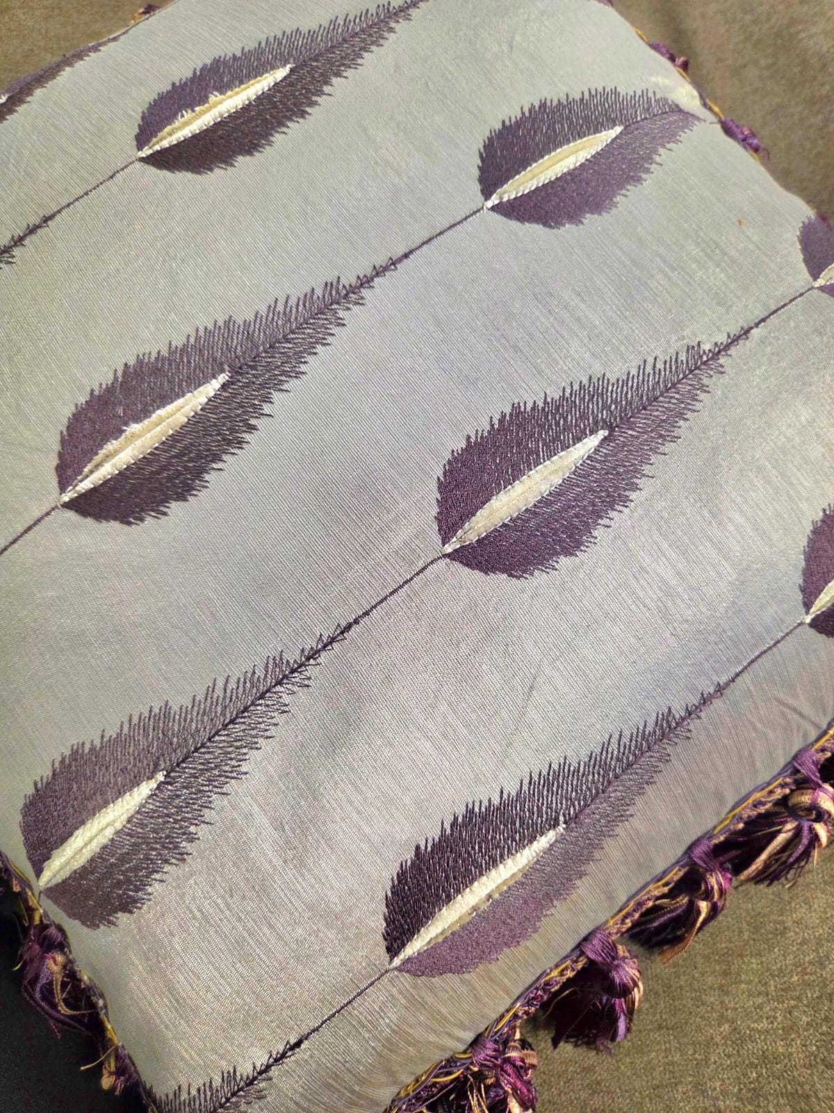 Purple Feather Motif Silk Cushion