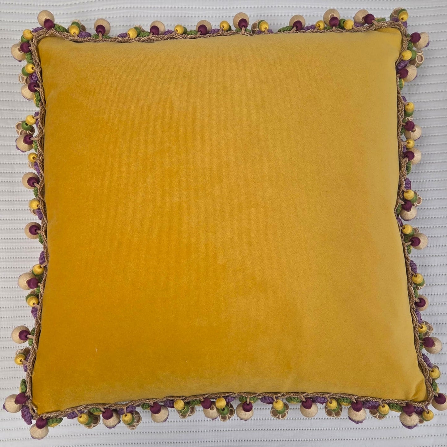 Gold Velvet Cushions with Multi-Coloured Trim