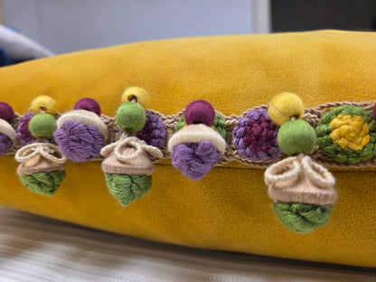 Gold Velvet Cushions with Multi-Coloured Trim
