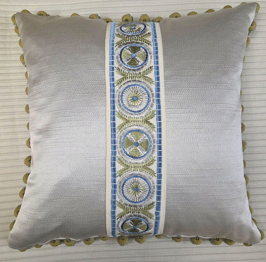 Satin Fabric with Centre Panel & Deep Pompom Trim